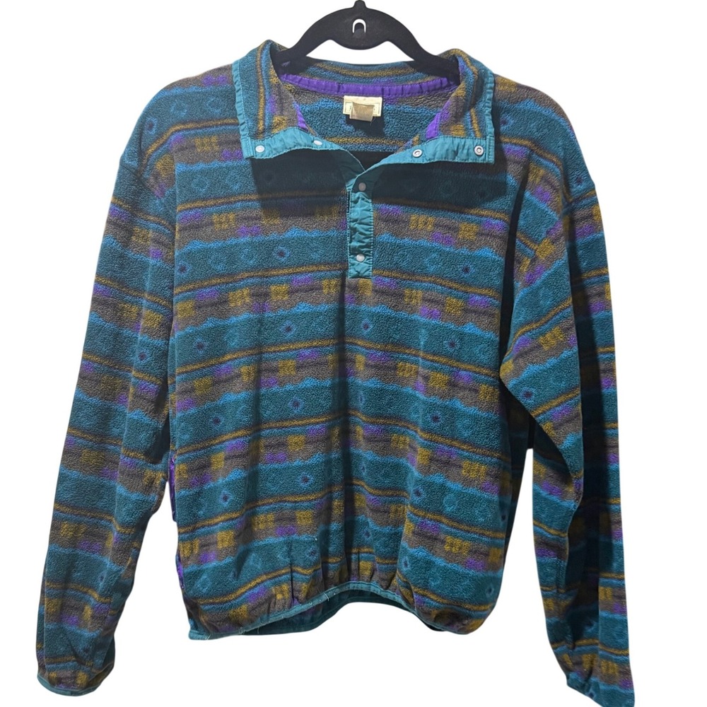 Vintage 90s LL Bean Geometric Zip Jacket Stand-Up Collar Womens Size M fleece
